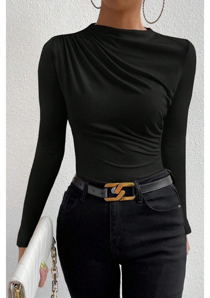 - Kadın Siyah Belden ve Boyundan Büzgü Detaylı Uzun Kollu Bluz fırsatları