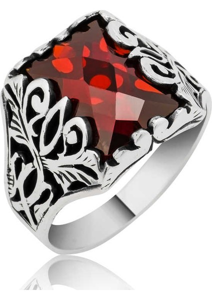 Gümüş Kırmızı Kesme Taşlı Erkek Yüzük