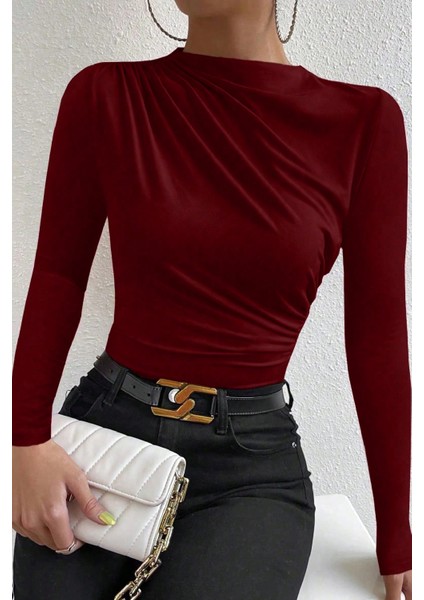 - Kadın Bordo Belden ve Boyundan Büzgü Detaylı Uzun Kollu Bluz