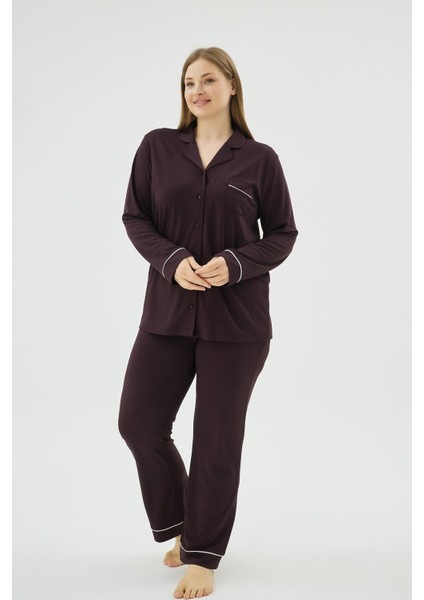 Kadın Büyük Beden Koyu Mor Düğmeli Uzun Kollu Gömlek Yaka Pijama Takımı C4T3N171