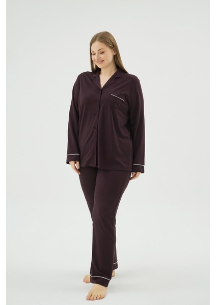 Kadın Büyük Beden Koyu Mor Düğmeli Uzun Kollu Gömlek Yaka Pijama Takımı C4T3N171 fiyatları