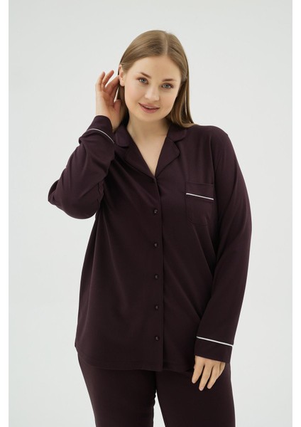 Kadın Büyük Beden Koyu Mor Düğmeli Uzun Kollu Gömlek Yaka Pijama Takımı C4T3N171 fırsatları
