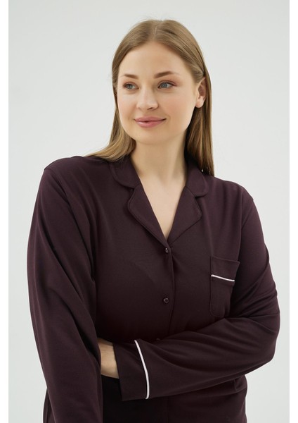 Kadın Büyük Beden Koyu Mor Düğmeli Uzun Kollu Gömlek Yaka Pijama Takımı C4T3N171 indirimleri