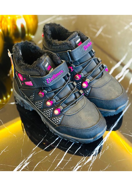 Bolimax Siyah Fuşya Detaylı Kürklü Su Geçirmez Kışlık Çocuk Botu – Kaymaz Taban, Sıcak Tutarlı Outdoor Günlük Filet Bot