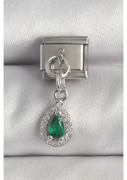 316L Çelik Gümüş Renk Sallantı Yeşil Zirkon Taşlı Damla Model Nomination Charm