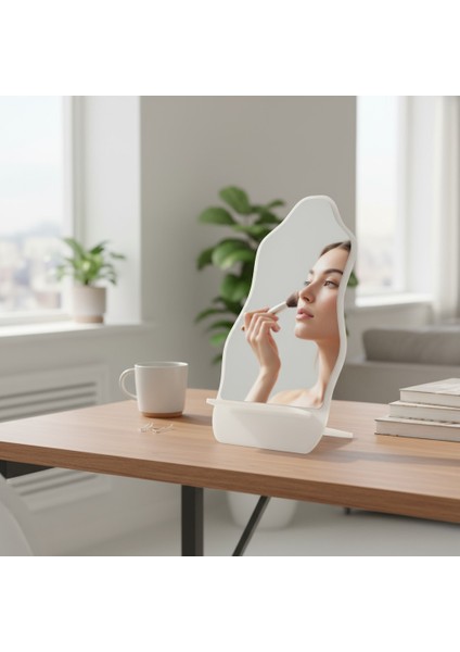 Makyaj Aynası, Masa Aynası, Dekoratif Ayna, Taşınabilir, De-Monte, SİMETRİK Şeffaf Beyaz Pleksi Tasarım,