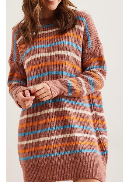 Renkli Şeritli Yumuşak Dokulu Triko Tunik Elbise Gül Kurusu