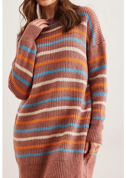 Renkli Şeritli Yumuşak Dokulu Triko Tunik Elbise Gül Kurusu fiyatları