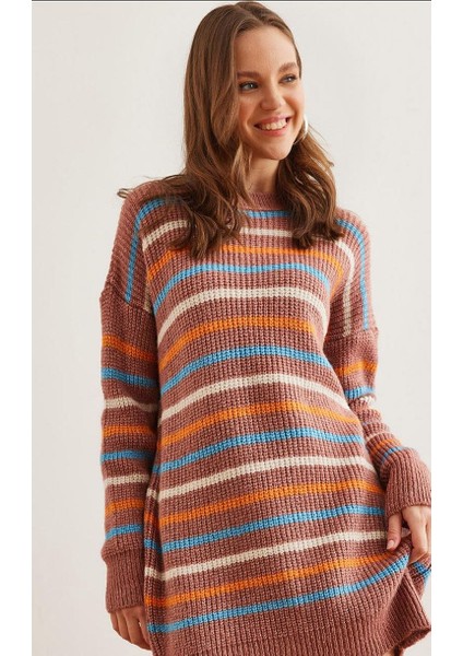 Renkli Şeritli Yumuşak Dokulu Triko Tunik Elbise Gül Kurusu modelleri