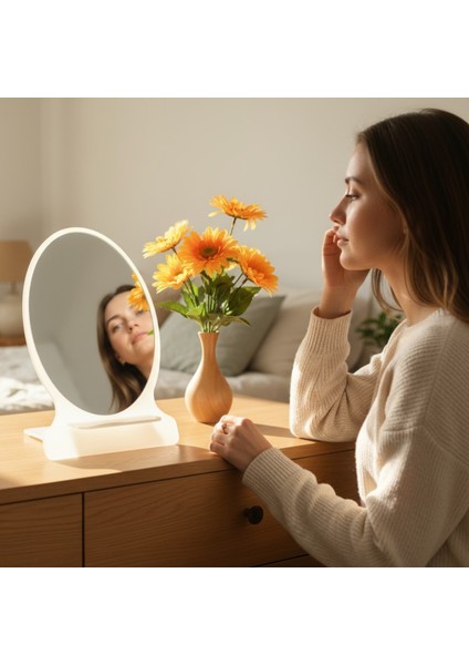 Makyaj Aynası, Masa Aynası, Dekoratif Ayna, Taşınabilir, De-Monte, ELİPS Şeffaf Beyaz Pleksi Tasarım,