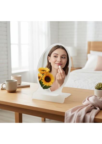 Makyaj Aynası, Masa Aynası, Dekoratif Ayna, Taşınabilir, De-Monte, ELİPS Şeffaf Beyaz Pleksi Tasarım, indirimleri