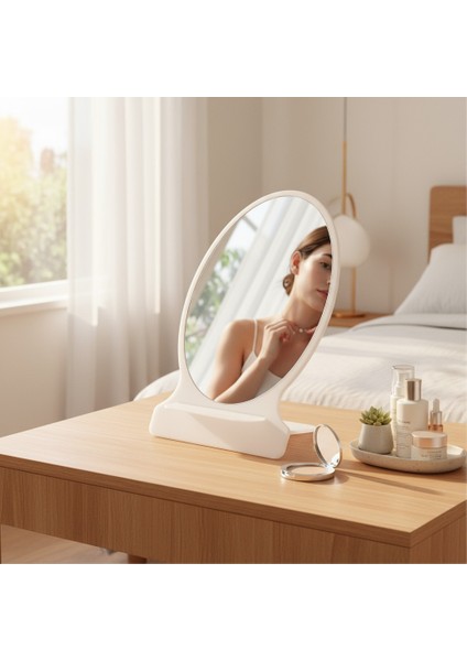 Makyaj Aynası, Masa Aynası, Dekoratif Ayna, Taşınabilir, De-Monte, ELİPS Şeffaf Beyaz Pleksi Tasarım,