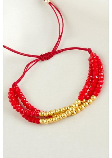 Ds-Derin Top Metal Üçlü Kristal Bileklik-Kırmızı