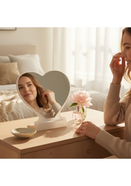 Makyaj Aynası, Masa Aynası, Dekoratif Ayna, Taşınabilir, De-Monte, KALP Şeffaf Beyaz Pleksi Tasarım,