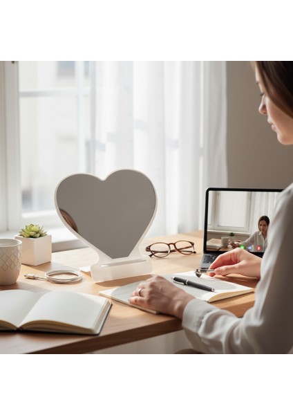 Makyaj Aynası, Masa Aynası, Dekoratif Ayna, Taşınabilir, De-Monte, KALP Şeffaf Beyaz Pleksi Tasarım, modelleri