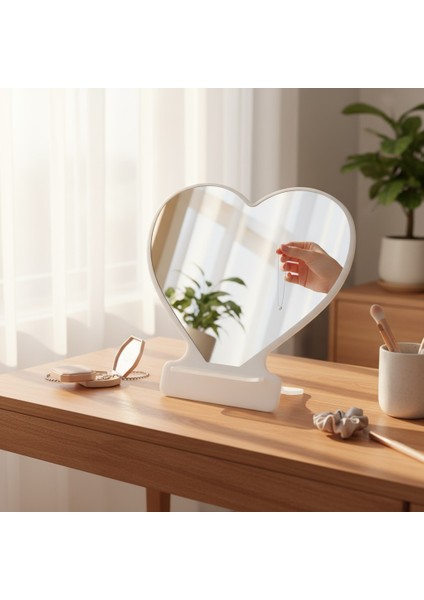 Makyaj Aynası, Masa Aynası, Dekoratif Ayna, Taşınabilir, De-Monte, KALP Şeffaf Beyaz Pleksi Tasarım, fırsatları