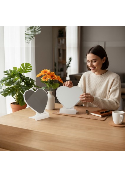 Makyaj Aynası, Masa Aynası, Dekoratif Ayna, Taşınabilir, De-Monte, KALP Şeffaf Beyaz Pleksi Tasarım, indirimleri