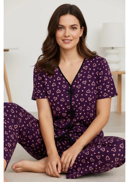 - Kadın Mor Kalp Desenli Fiyonklu Kısa Kollu Uzun Pijama Takımı