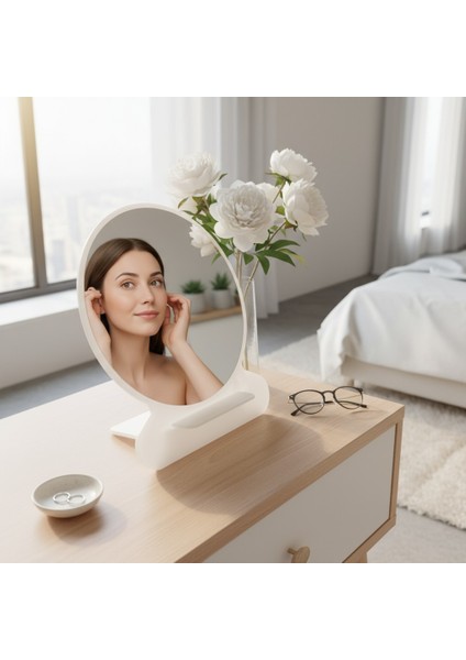 Makyaj Aynası, Masa Aynası, Dekoratif Ayna, Taşınabilir, De-Monte, YUVARLAK Şeffaf Beyaz Pleksi Tasarım,