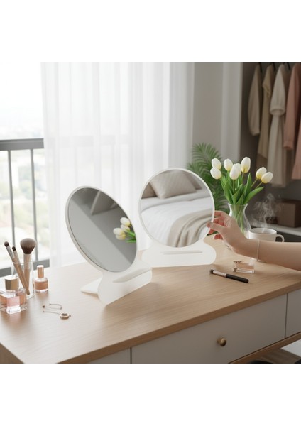 Makyaj Aynası, Masa Aynası, Dekoratif Ayna, Taşınabilir, De-Monte, YUVARLAK Şeffaf Beyaz Pleksi Tasarım, indirimleri