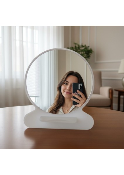 Makyaj Aynası, Masa Aynası, Dekoratif Ayna, Taşınabilir, De-Monte, YUVARLAK Şeffaf Beyaz Pleksi Tasarım,