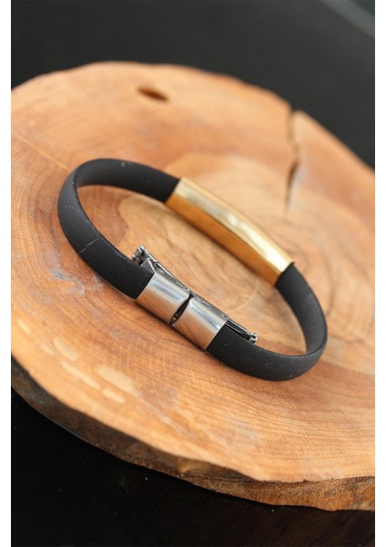 Gold Renk Çelik Yıldızlı Tasarım Siyah Renk Silikon Erkek Bileklik fiyatları