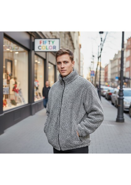 Gri Premium Kalite Dik Yaka, Fermuarlı, Polarlı, Peluş Ceket