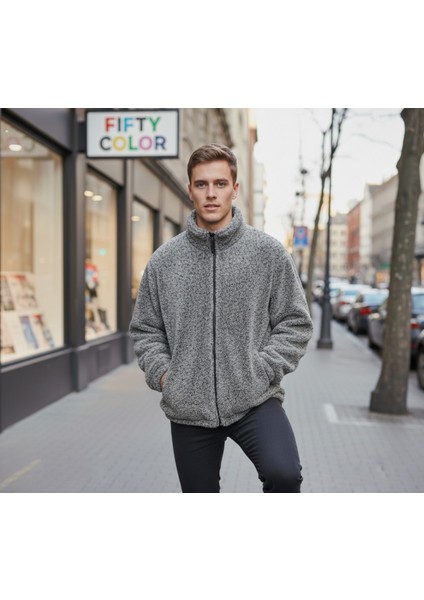 Gri Premium Kalite Dik Yaka, Fermuarlı, Polarlı, Peluş Ceket fiyatları