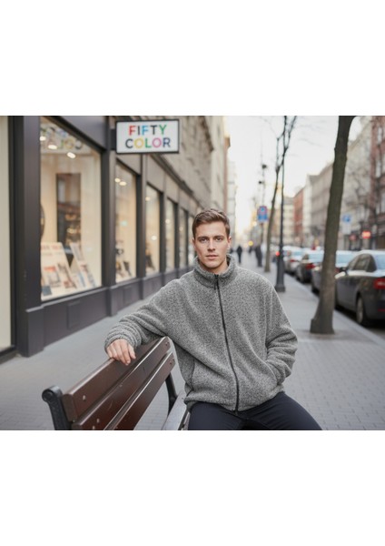 Gri Premium Kalite Dik Yaka, Fermuarlı, Polarlı, Peluş Ceket modelleri