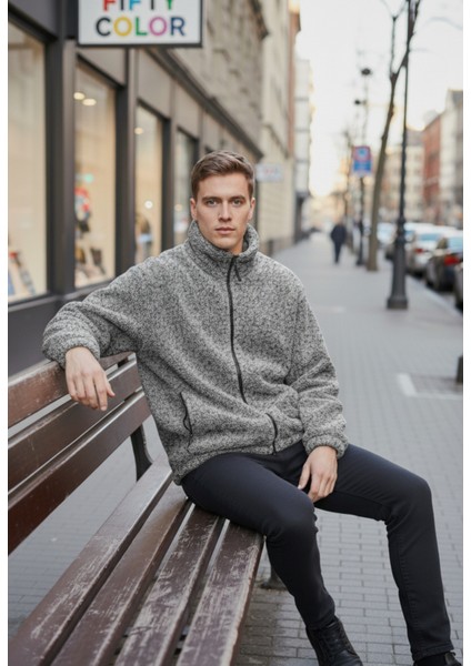 Gri Premium Kalite Dik Yaka, Fermuarlı, Polarlı, Peluş Ceket fırsatları