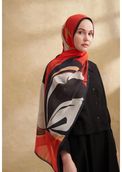 Çiçek Desenli Şal 3383-SIYAH Kırmızı