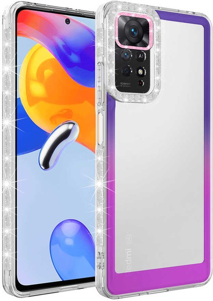 Xiaomi Redmi Note 11 Global Kılıf Simli ve Renk Geçiş Tasarımlı Lens Korumalı Frms Park Kapak-Mor-Pembe