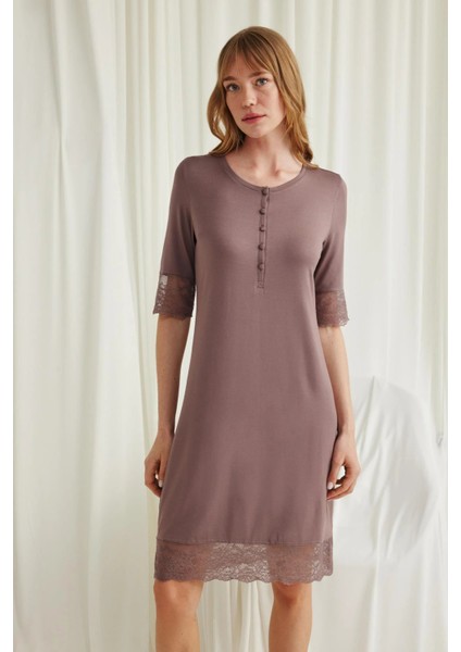 Monamise Dantel Detaylı Kısa Kollu ve Önü Düğmeli Gecelik modelleri