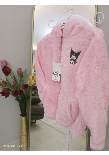 Kız Çocuk Kapşonlu Peluş Hırka Açık Pembe modelleri