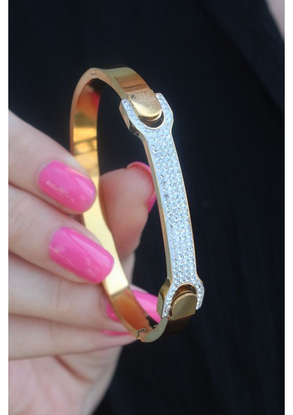 316L Çelik Gold Renk Zirkon Taşlı Kadın Kelepçe - Lisinya fiyatları