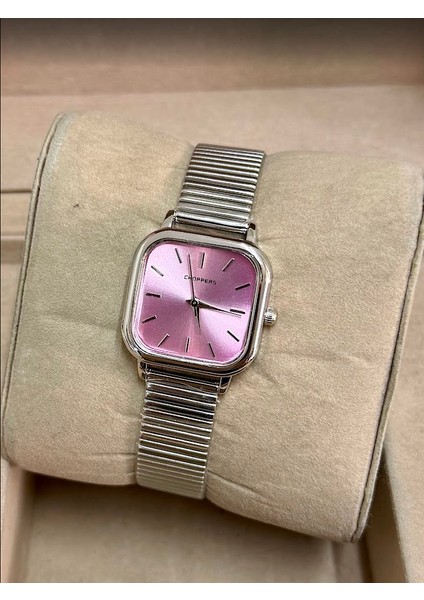 Gümüş Renk Kordon Pembe Kare Kadran Kolunuzdaki Şık Tasarım Kadın Kol Saati ST08