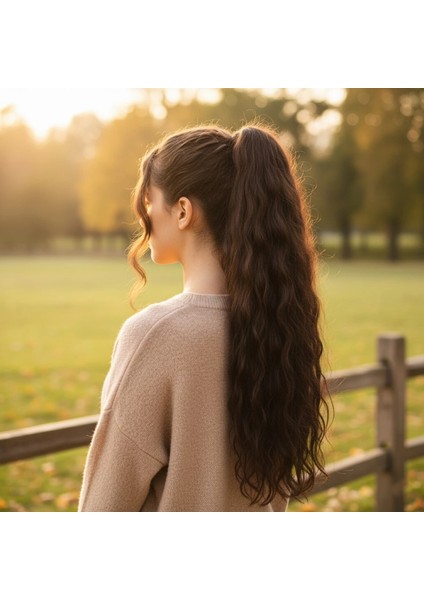 Bağlamalı Kabarık Dalgalı At Kuyruğu - Koyu Kahve