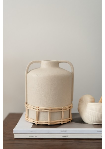 Terra Seramik Rattan Vazo - Çift Kulplu Rustik Tasarım