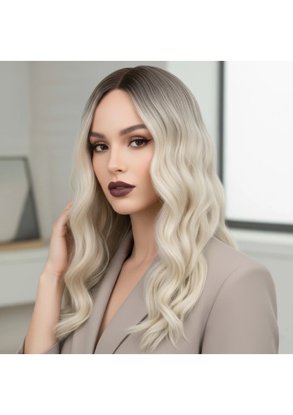 Dalgalı Perçemli Fiber Sentetik Orta Boy Peruk - Kahverengi / Beyaz Platin Ombreli