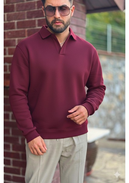 Erkek Bordo Polo Yakalı Pamuklu Yumuşak Kalın Kumaşlı Oversize Sweatshirt