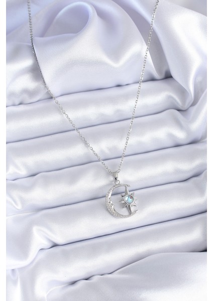 316L Çelik Gümüş Renk Zirkon Taşlı Ay Yıldız Model Kadın Kolye - Lisinya fiyatları