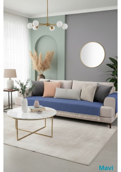 Mavi Pamuklu Koltuk Örtüsü 115X200 Önden Saçaklı Çizgili Desenli