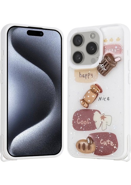 Apple iPhone 15 Pro Kılıf Parlayan Sıvılı Simli Kabartma Figürlü Frms Cevze Kapak-Beyaz