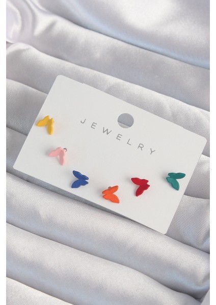 Pirinç Rengarenk Mineli Minimal Kelebek Küpe Seti - Lisinya