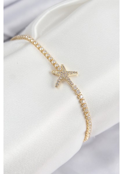Pirinç Zirkon Taşlı Deniz Yıldızı Model Gold Renk Kadın Bileklik - Lisinya
