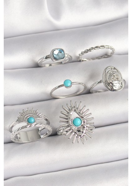 Pirinç Gümüş Renk Mavi Taşlı Kare Zirkon Taş Detaylı Kadın Yüzük Kombini - Lisinya