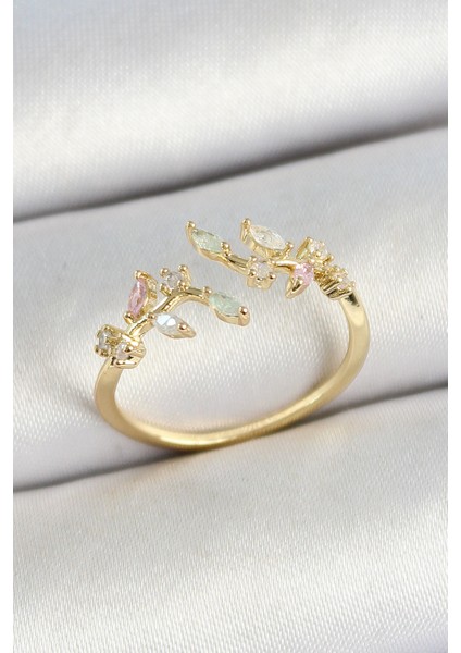 Pirinç Yaprak Figürlü Zirkon Taşlı Gold Renk Ayarlanabilir Kadın Yüzük - Lisinya