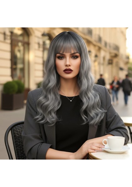 Dalgalı Kısa Perçemli Fiber Sentetik Peruk - Siyah / Gri Ombreli