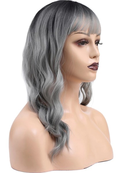 Dalgalı Kısa Perçemli Fiber Sentetik Peruk - Siyah / Gri Ombreli modelleri