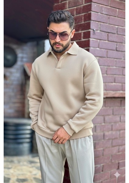 Erkek Bej Polo Yakalı Pamuklu Yumuşak Kalın Kumaşlı Oversize Sweatshirt